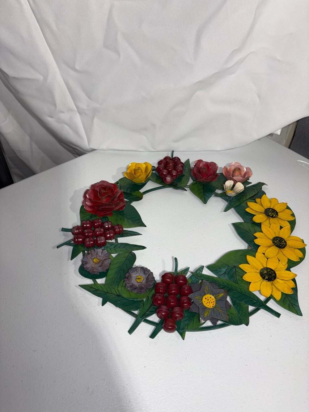Vintage Tole Painted Metal Floral and Fruit Wall Wreath